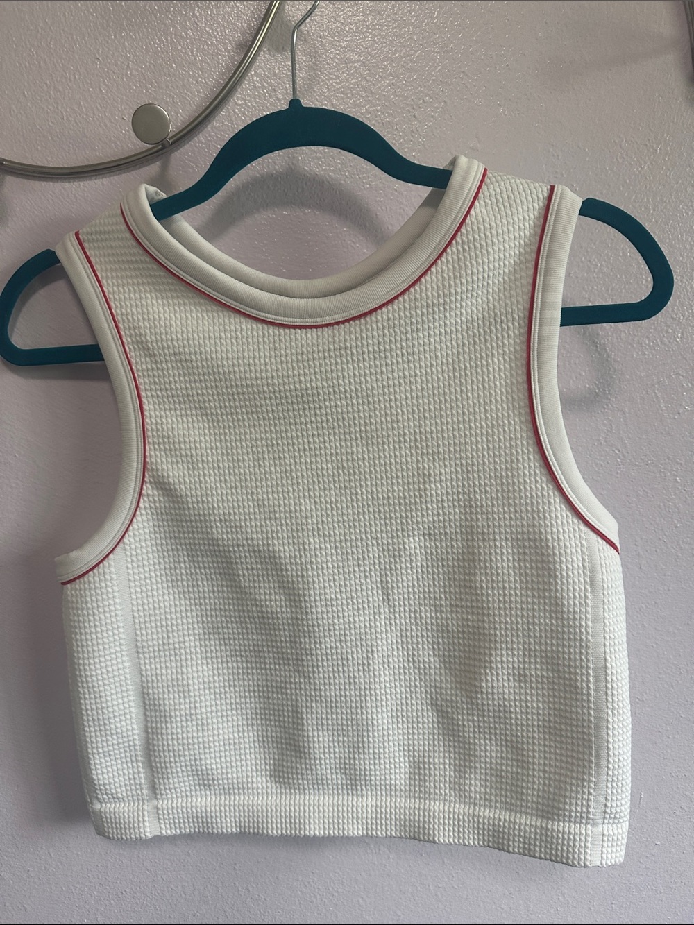 all in motion White Waffle Cropped Tank with red trim